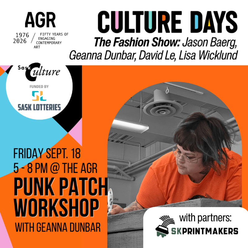 An orange arch frames a woman working on a craft project in the foreground, while the background displays event details for "Culture Days" and a "Punk Patch Workshop."