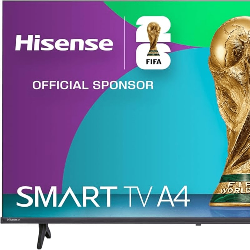 A Hisense Smart TV A4 is displayed in the foreground with the FIFA World Cup trophy and "OFFICIAL SPONSOR" text on a vibrant purple and teal background.