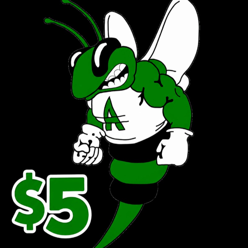 A muscular green hornet mascot wearing a white jersey with an "A" stands in front of a black background, with a "$5" sign to its left.