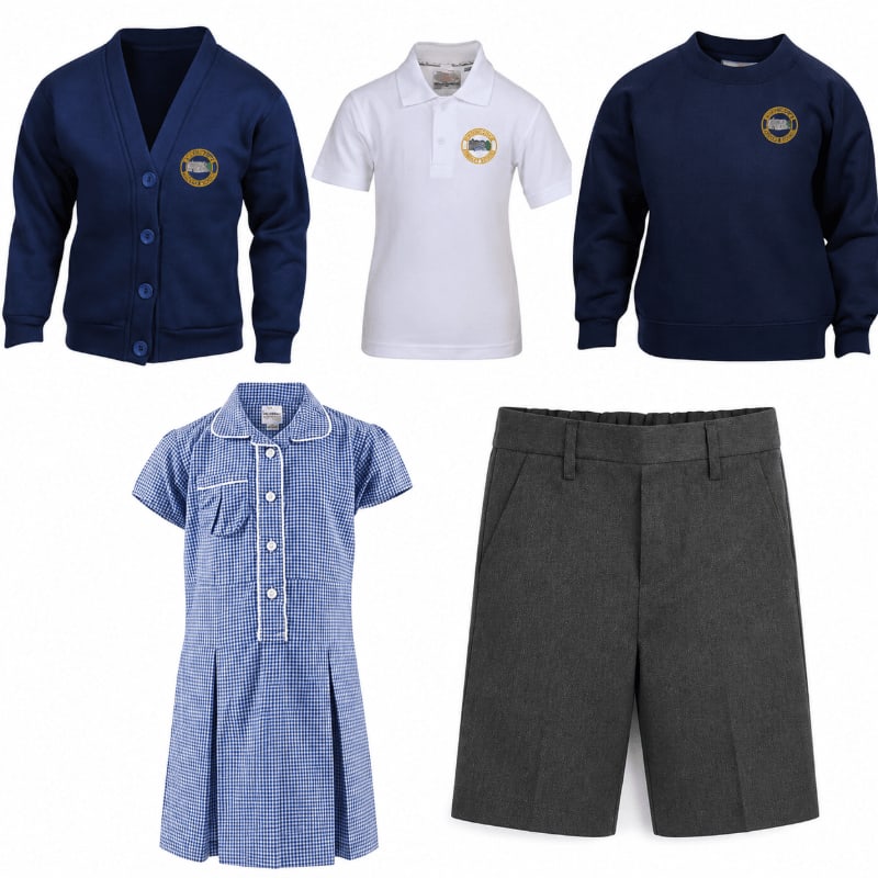 A navy cardigan, white polo shirt, and navy sweatshirt are displayed above a blue gingham dress and grey shorts on a white background.