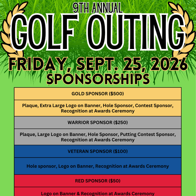 A green, grassy background frames a flyer detailing sponsorship levels for the 9th Annual Golf Outing on Friday, September 25, 2026, with a table listing benefits for Gold, Warrior, Veteran, and Red sponsors.