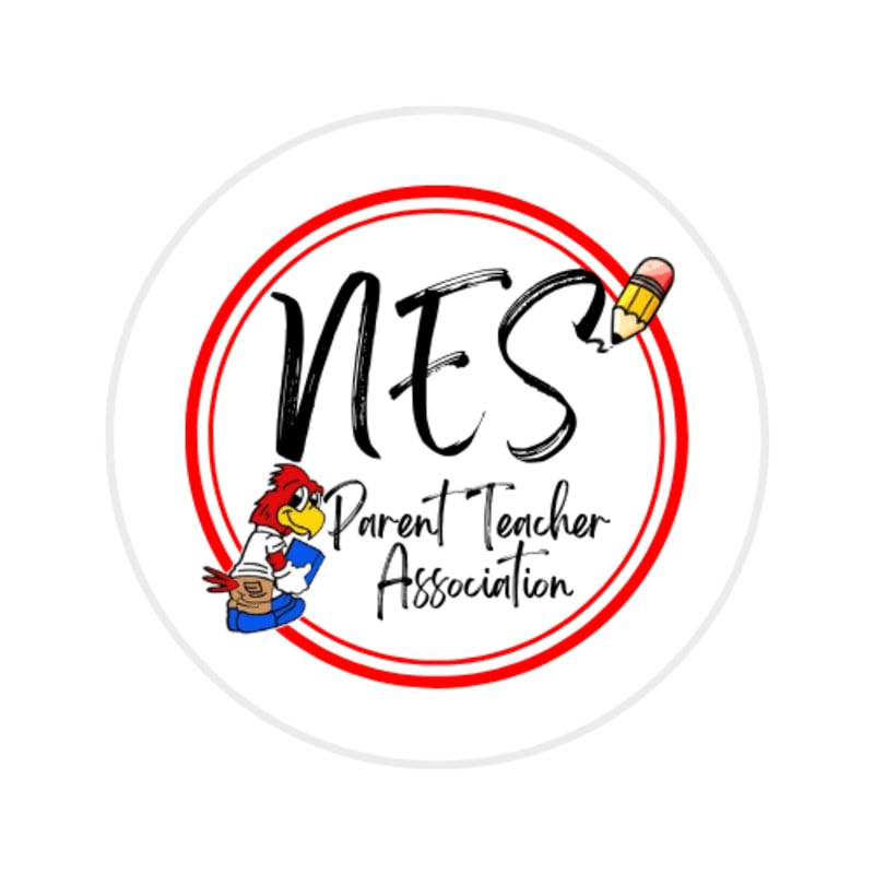 A cartoon bird holding a book stands in front of the "NES Parent Teacher Association" logo, which is encircled by red and white rings and adorned with a pencil in the upper right corner.