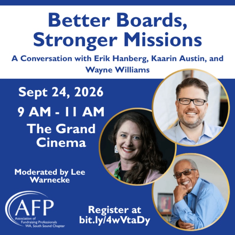 A dark blue background features event details on the left, including the title "Better Boards, Stronger Missions," date, time, and location, alongside three circular portraits of smiling individuals on the right.
