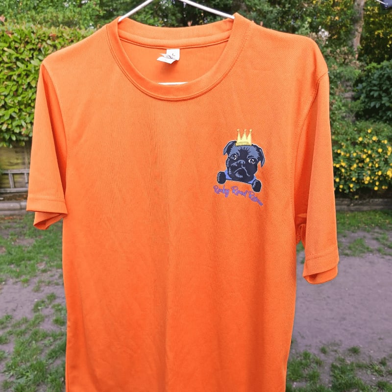 An orange t-shirt with a pug wearing a crown printed on it hangs in front of a blurred background of green foliage and trees.