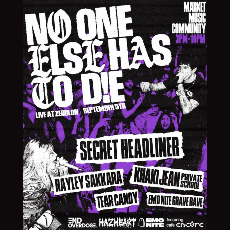 A concert poster with a large, stylized title "NO ONE ELSE HAS TO DIE" in the foreground, and a blurred background of a live music crowd and performers.