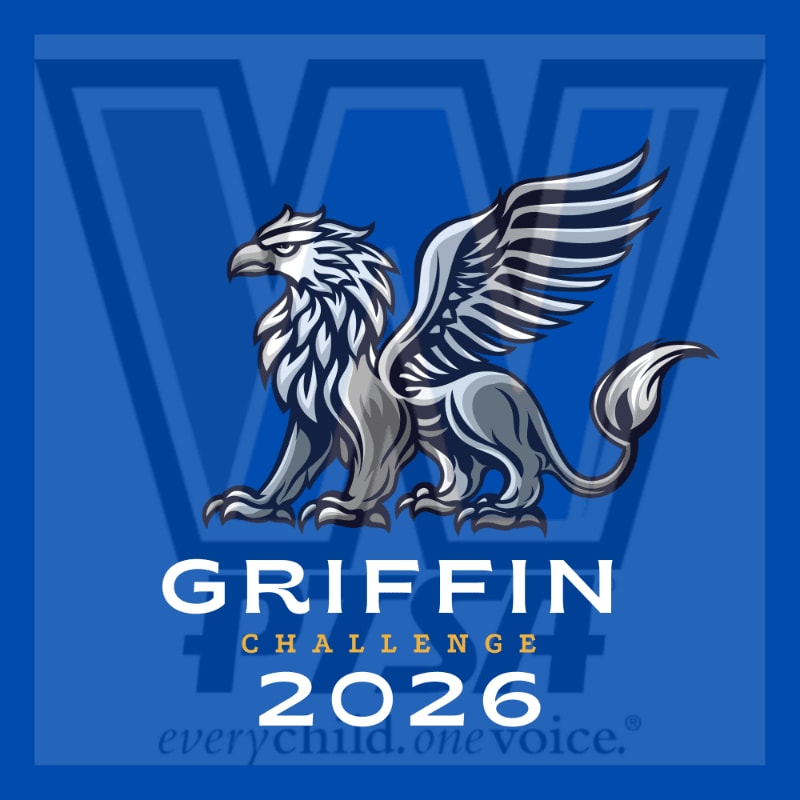 A majestic griffin stands in the foreground against a blue background with a large white "W" and the text "GRIFFIN CHALLENGE 2026" below it.