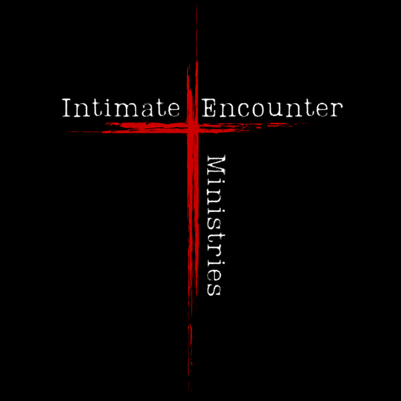 A red, brushstroke cross with the words "Intimate Encounter" and "Ministries" is set against a black background.