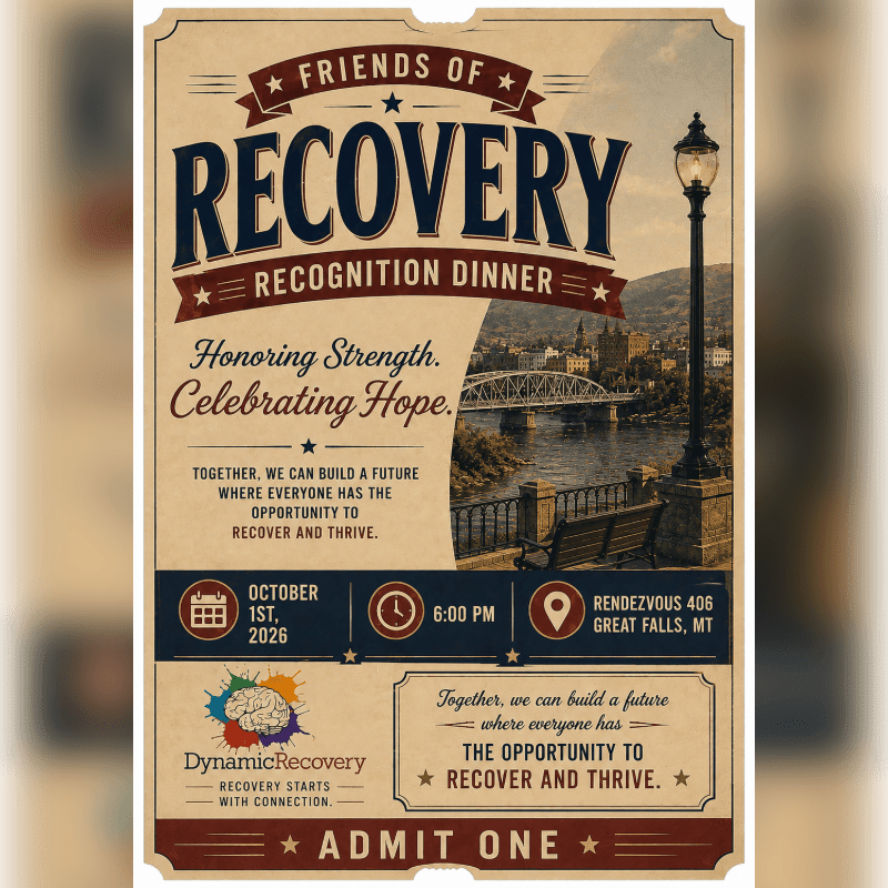 A vintage-style poster for a "Friends of Recovery Recognition Dinner" features event details in the foreground and a scenic cityscape with a bridge and lamppost in the background.