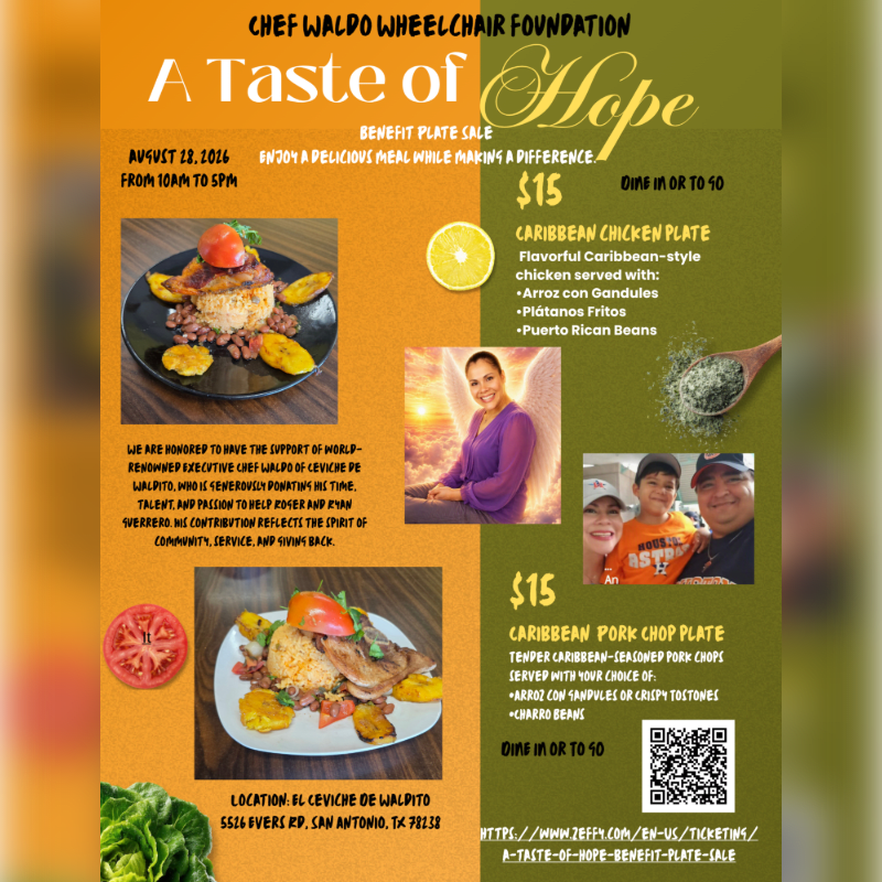 A flyer for a "Taste of Hope" benefit plate sale features images of Caribbean food in the foreground and a smiling woman with angel wings in the background.