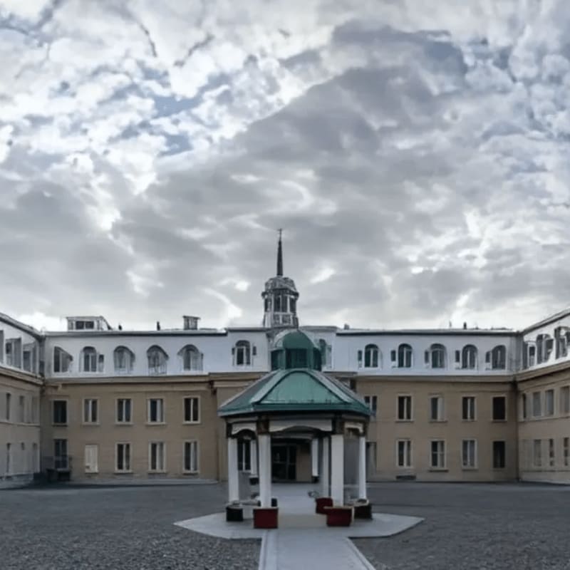 A white pathway leads to a green gazebo in the foreground, with a large, ornate building and a cloudy sky in the background.