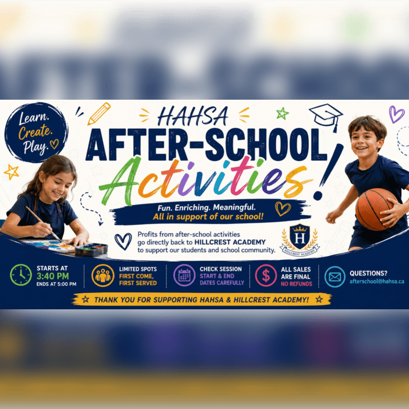 A colorful poster advertises HAHSA after-school activities with children engaged in art and sports in the foreground, set against a bright, playful background with school-related graphics.