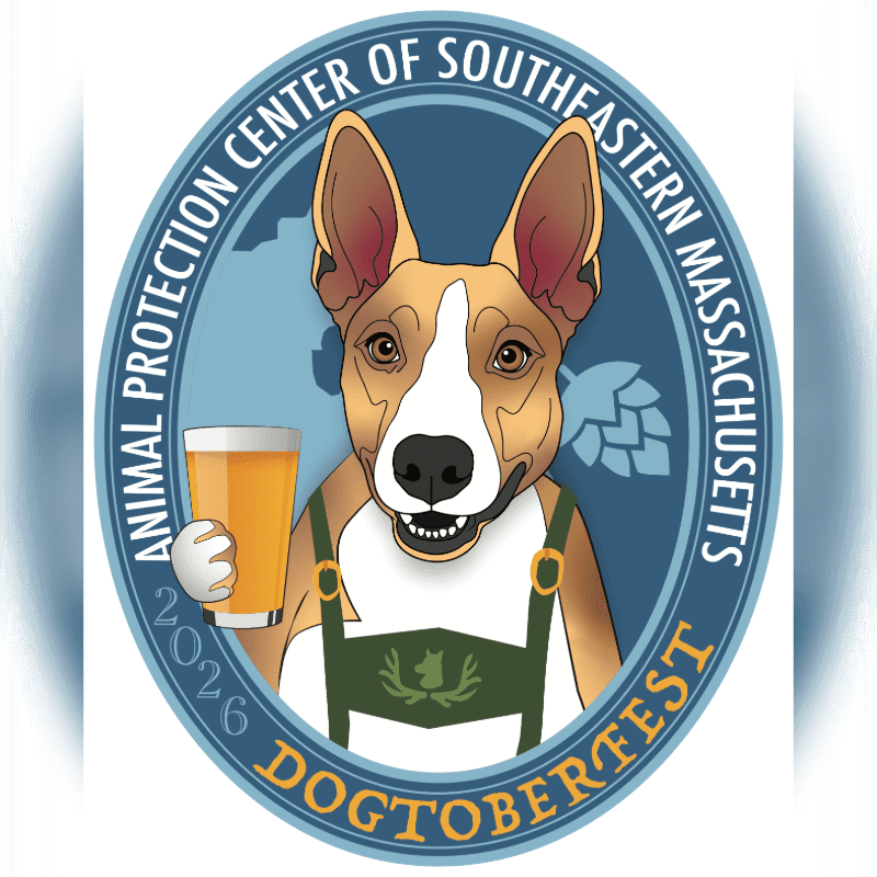 A cartoon dog wearing lederhosen and holding a beer stands in front of a blue background with a map of Southeastern Massachusetts and hops.