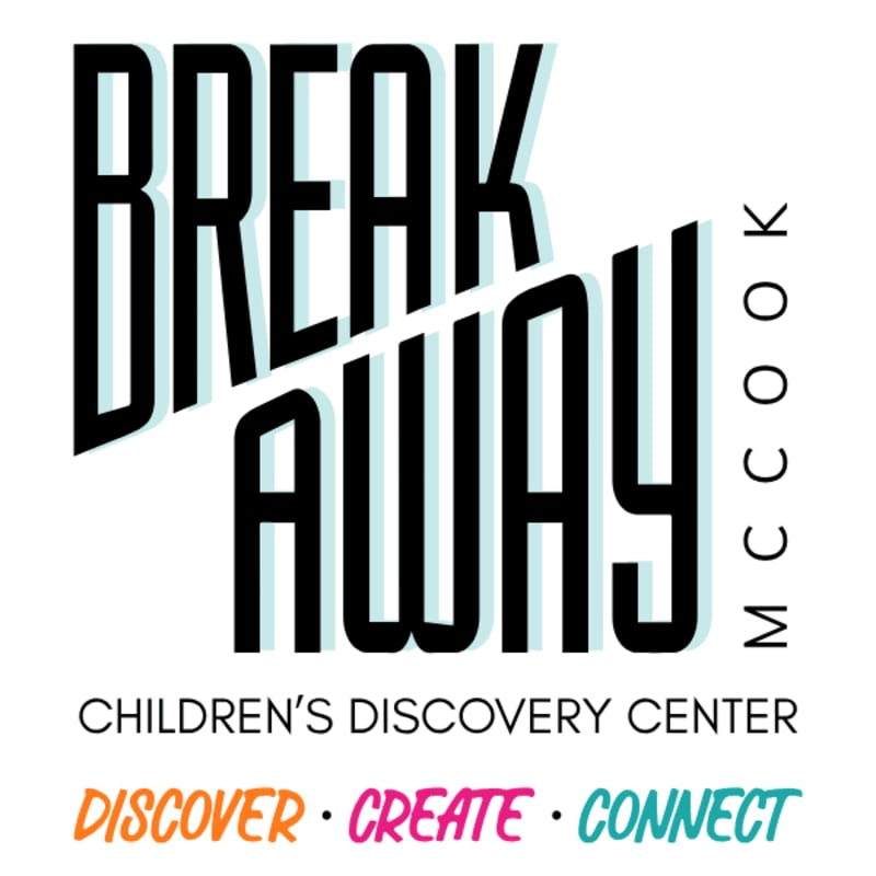 Bold black text reading "BREAK AWAY" diagonally across the center, with "McCOOK" vertically to the right, sits above the words "CHILDREN'S DISCOVERY CENTER" and the colorful tagline "DISCOVER • CREATE • CONNECT" on a white background.