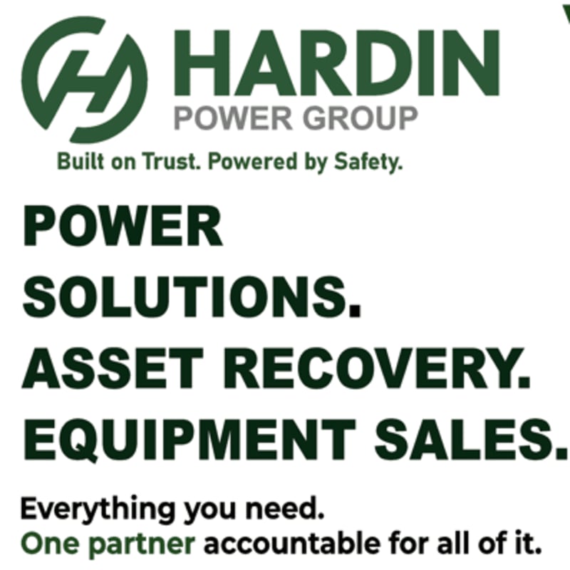 A green and white logo for Hardin Power Group with the tagline "Built on Trust. Powered by Safety." is at the top, followed by bold text listing "POWER SOLUTIONS. ASSET RECOVERY. EQUIPMENT SALES." and a concluding statement about being "One partner accountable for all of it."