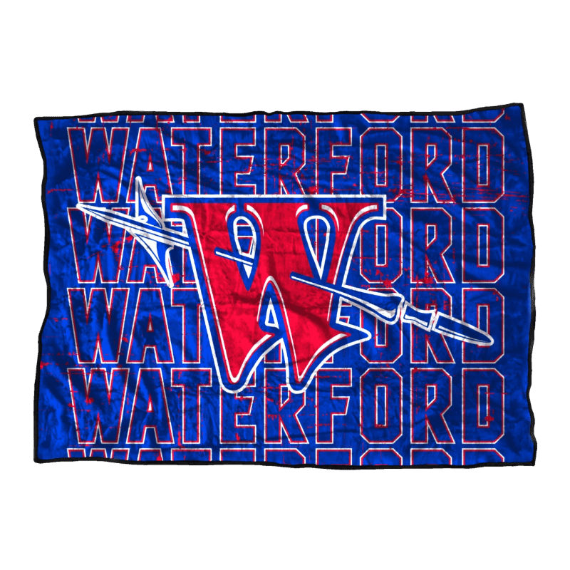 A red and blue "W" with a spear superimposed is centered on a blue background with repeating "WATERFORD" text.