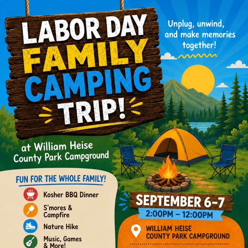 A rustic wooden sign announces a Labor Day Family Camping Trip at William Heise County Park Campground, set against a backdrop of a tent, campfire, and scenic mountains.