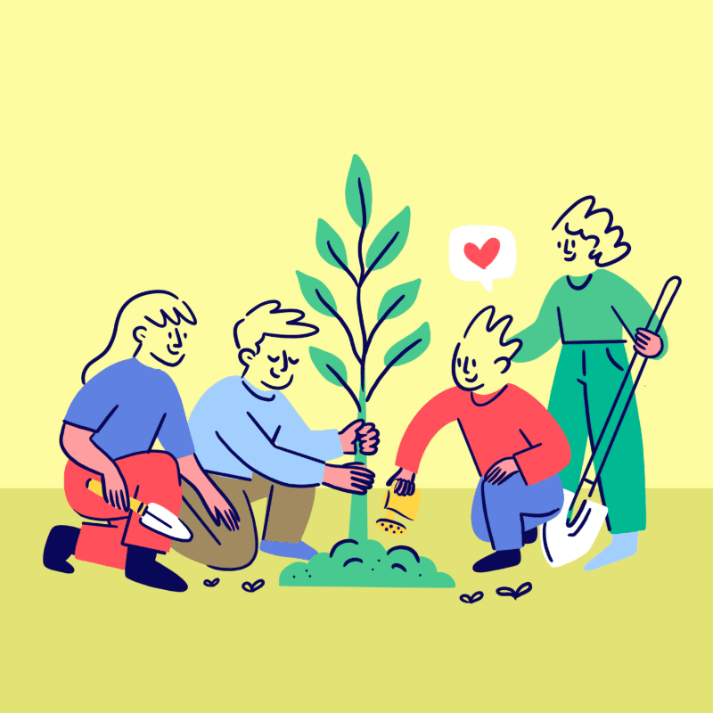 Four people are planting a tree in the foreground, with a yellow background.