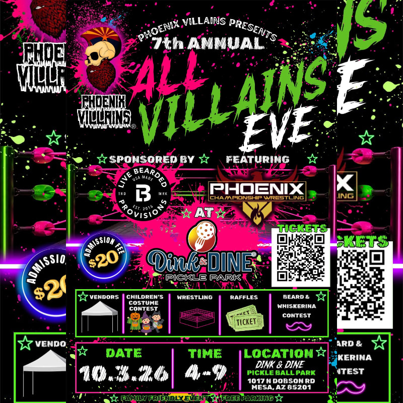 A vibrant poster for a wrestling event features a skull with a mohawk in the foreground against a dark background with neon green and pink lettering advertising "All Villains Eve."