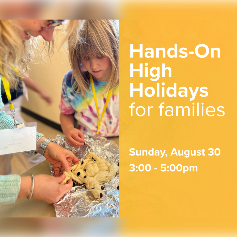 A woman and a child are working on a craft project in the foreground, with text about "Hands-On High Holidays for families" on a yellow background in the background.