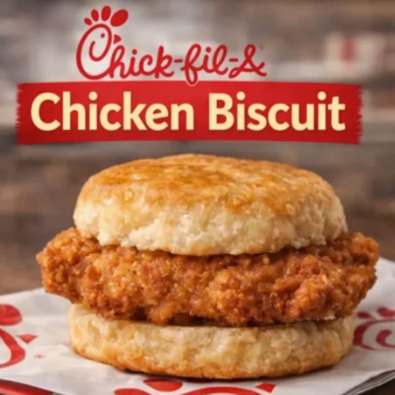 A close-up of a Chick-fil-A chicken biscuit sits on a patterned napkin in the foreground, with the restaurant's logo and "Chicken Biscuit" text displayed above in the background.