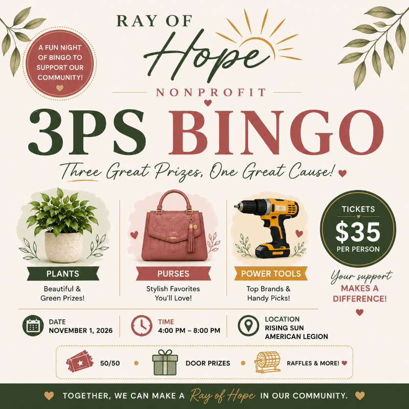 A flyer for a "3PS BINGO" event hosted by Ray of Hope Nonprofit, featuring images of plants, purses, and power tools in the foreground against a light background with event details.