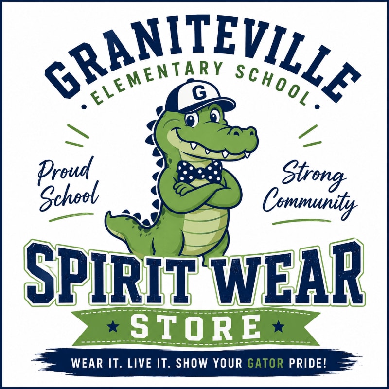 A smiling alligator mascot wearing a cap and bowtie stands proudly in front of the Graniteville Elementary School logo, with "Spirit Wear Store" prominently displayed below.