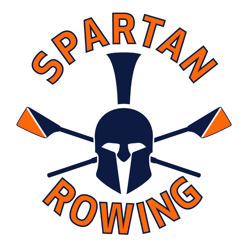 A navy blue Spartan helmet with crossed orange and navy oars in the foreground is set against a white background, with "SPARTAN ROWING" written in orange letters above and below.