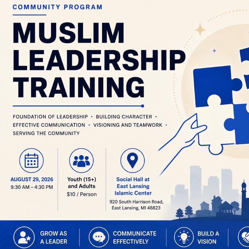 A community program poster for Muslim Leadership Training features large blue puzzle pieces in the foreground against a silhouetted cityscape in the background.