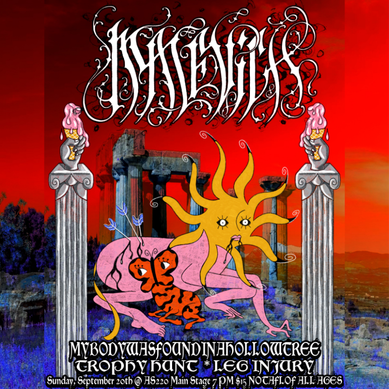 A surreal illustration of a pink, dismembered body with a sun-like head and tiger-striped legs is centered in the foreground against a backdrop of ancient ruins and a fiery red sky.
