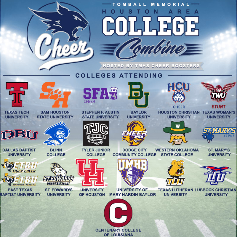 A flyer for a college cheer combine in Tomball, Texas, lists attending universities and event details against a background of stadium lights and university logos.