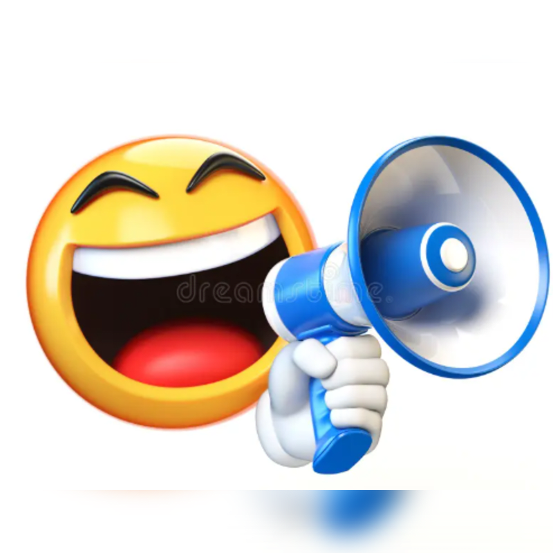 A laughing emoji holds a blue and white megaphone against a white background.