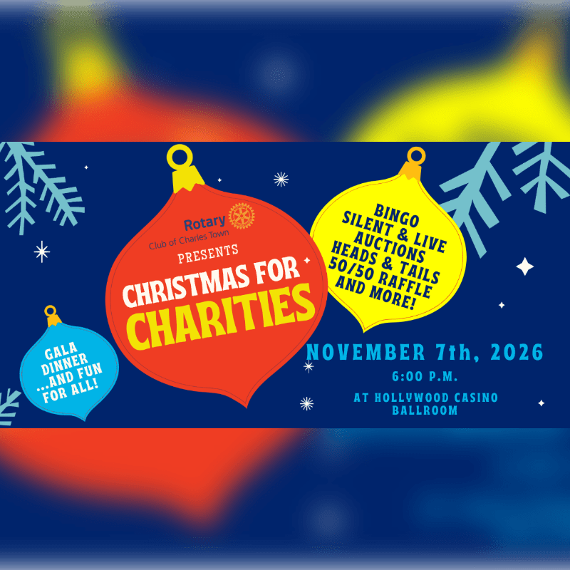 Large red and yellow Christmas ornaments with event details are set against a dark blue background with snowflake graphics.