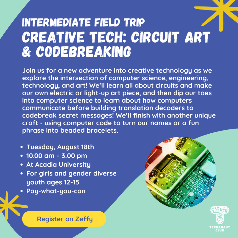 A yellow button to register on Zeffy is in the foreground, while the background features text about a creative tech field trip and a colorful circuit board.