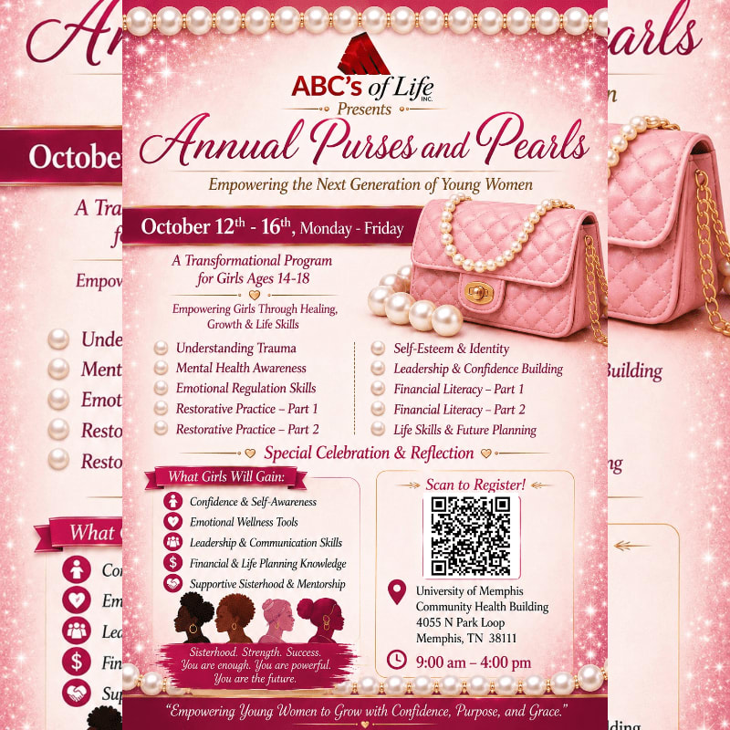 A pink quilted purse adorned with pearls rests in the foreground against a backdrop of event details for "Annual Purses and Pearls."