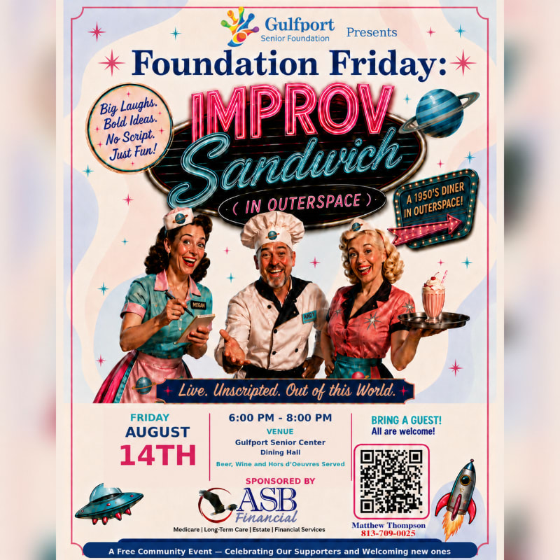 In the foreground, three performers in 1950s attire, two women and a man, smile and pose, while the background features a retro-themed poster for an "Improv Sandwich in Outer Space" event with celestial elements.