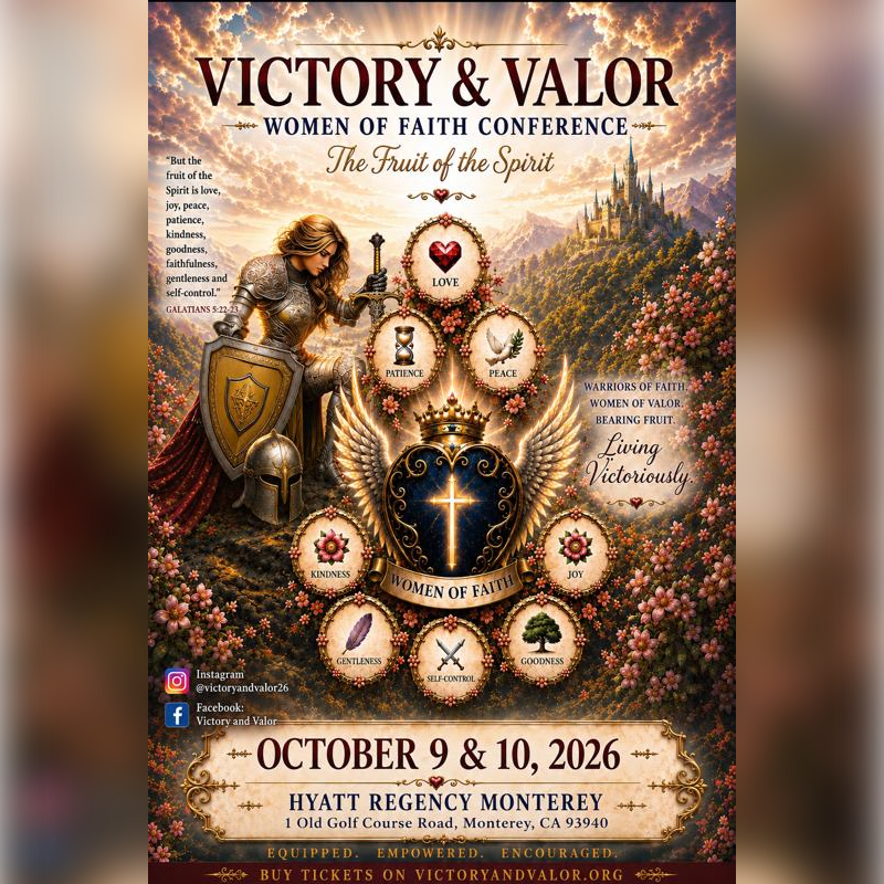 A knight stands in a field of flowers in the foreground, with a castle on a hill in the background, advertising the Victory & Valor Women of Faith Conference.