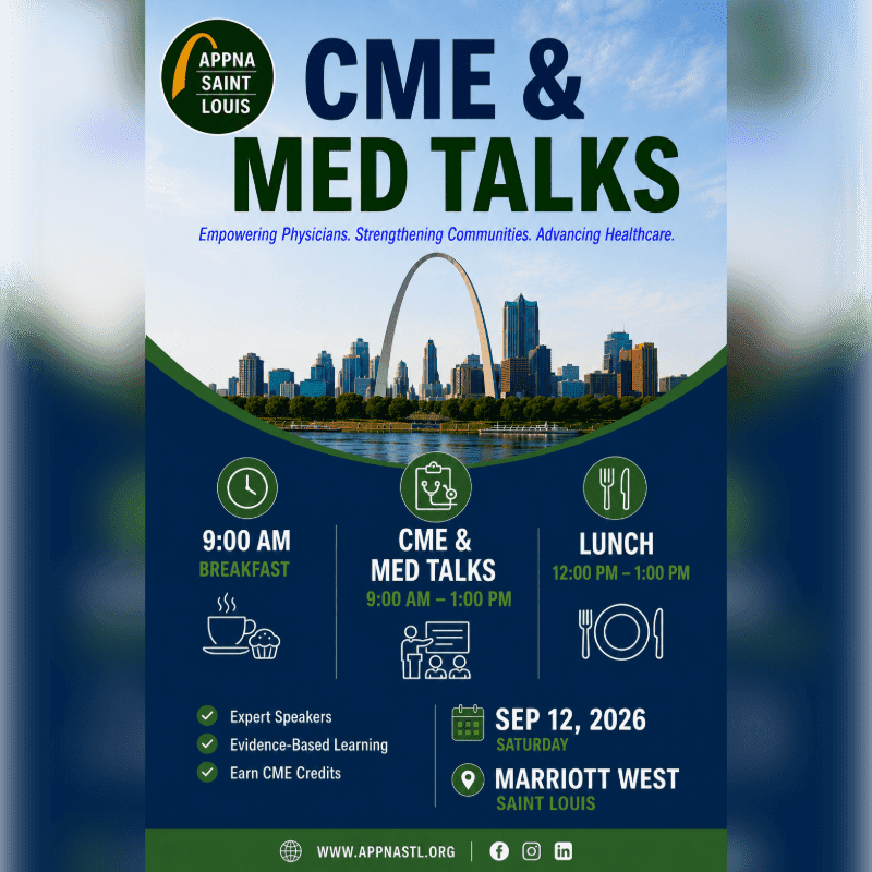A poster for "CME & Med Talks" in Saint Louis features the Gateway Arch and city skyline in the background, with event details and schedule in the foreground.