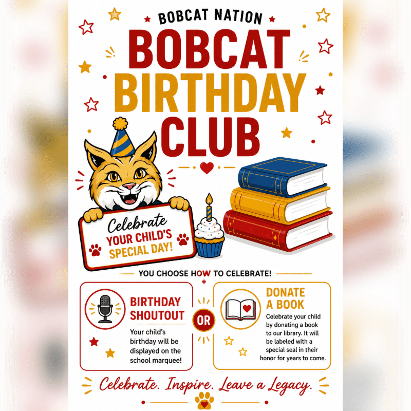 A cartoon bobcat wearing a party hat holds a sign for the "Bobcat Birthday Club" in the foreground, while a stack of books and celebration graphics fill the background.