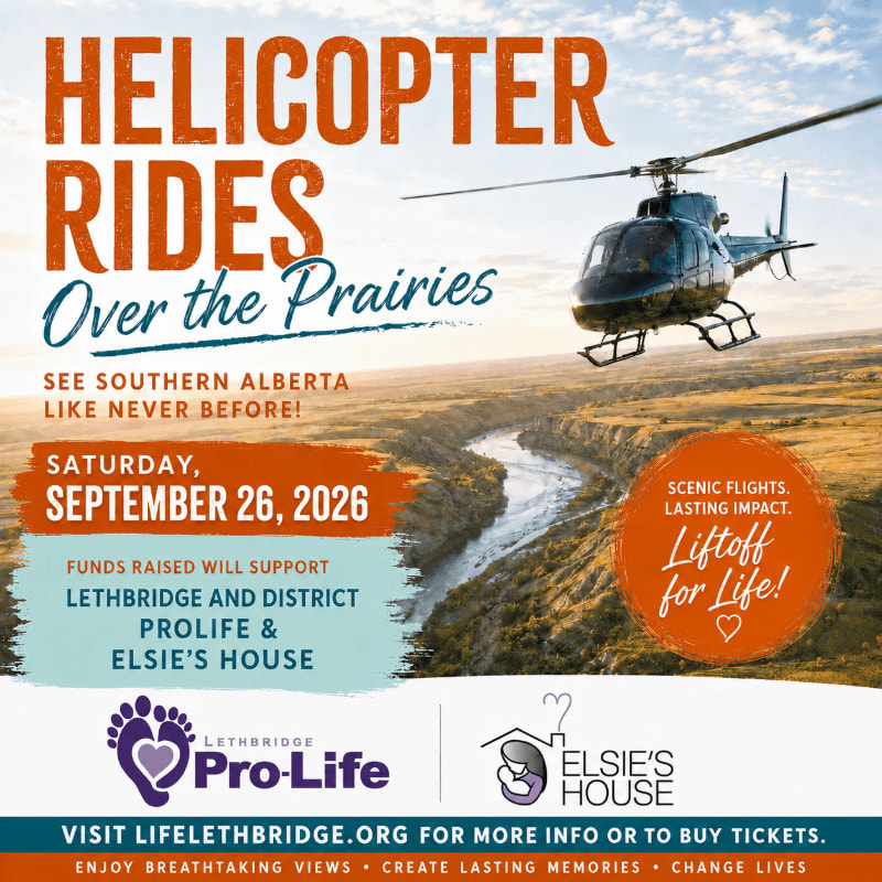 A helicopter flies over a winding river in a prairie landscape, advertising "Helicopter Rides Over the Prairies" for Lethbridge and District ProLife & Elsie's House.