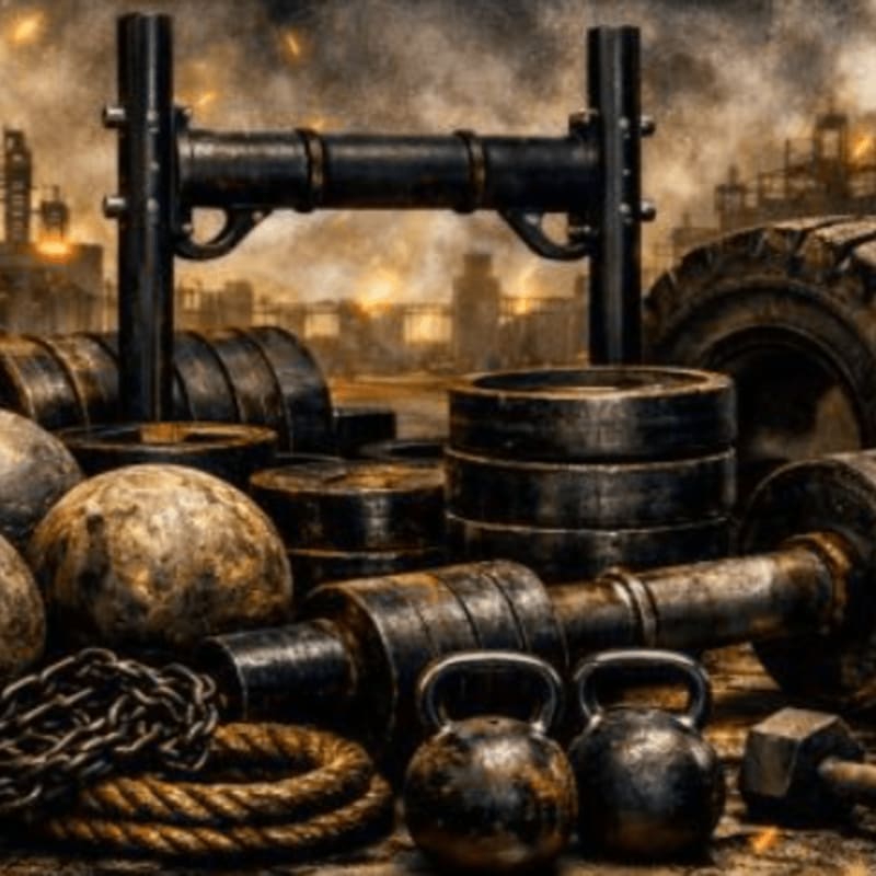 Rusty weights and chains fill the foreground, with a gritty industrial cityscape in the background.