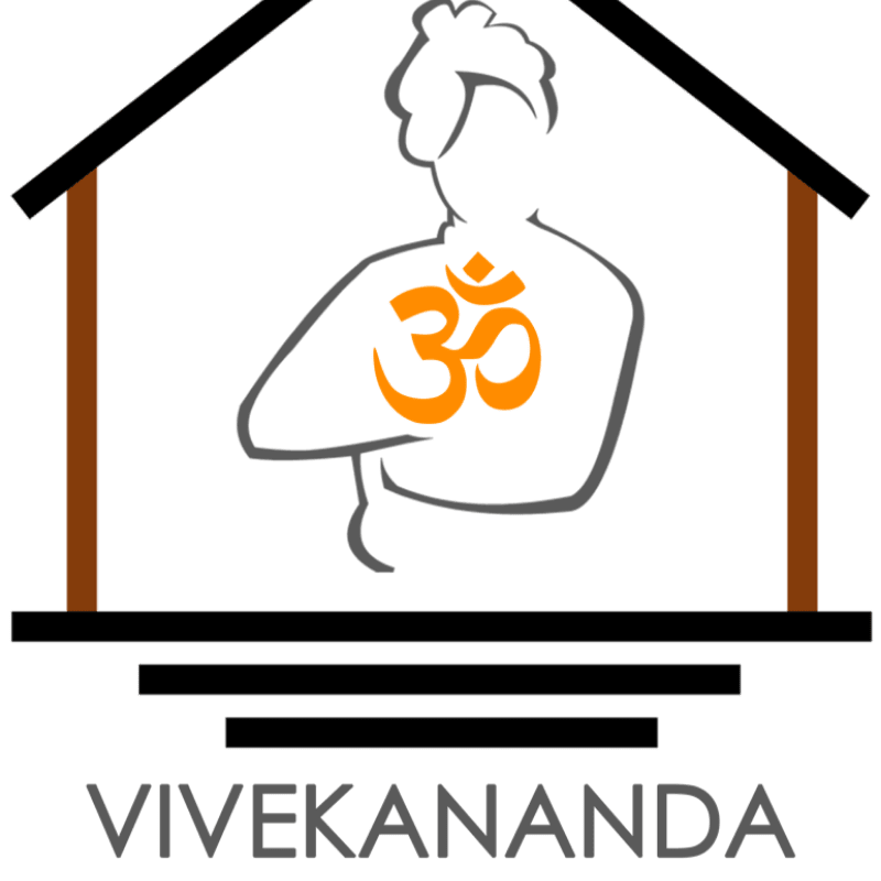 A stylized silhouette of a person with an Om symbol on their chest stands within a house outline, with the name "VIVEKANANDA" below.