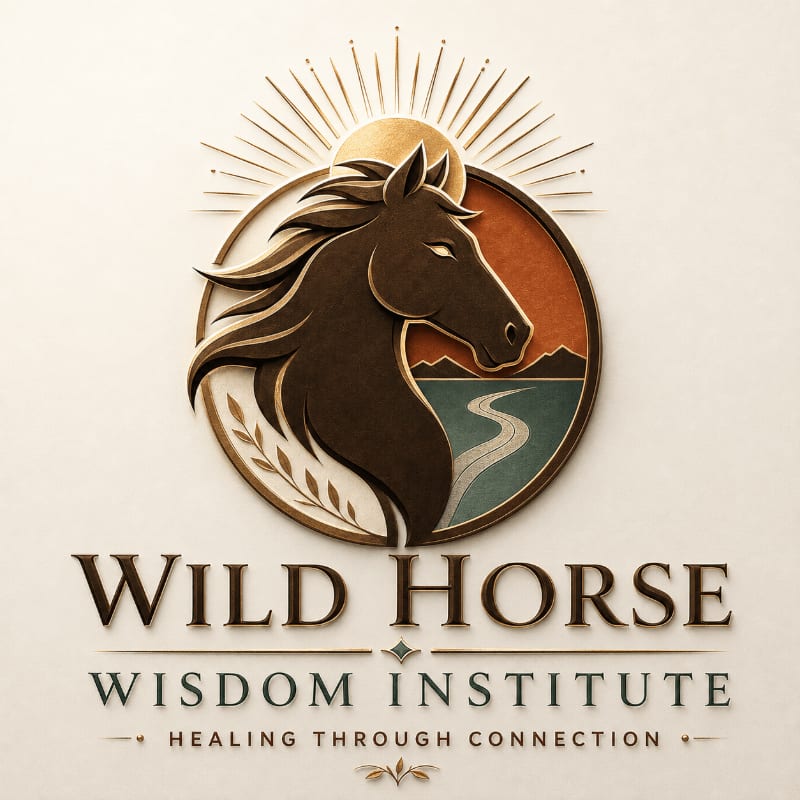 A dark horse's head is silhouetted within a circular emblem featuring warm colors and sun rays, set against a cream-colored background with the text "WILD HORSE WISDOM INSTITUTE HEALING THROUGH CONNECTION" below.