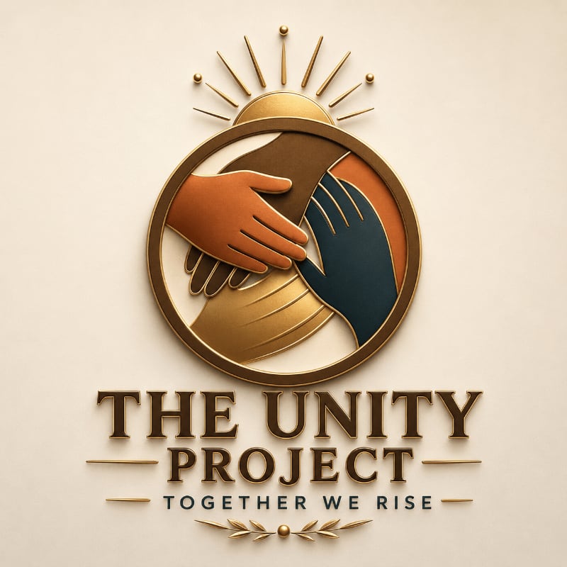 Three hands of different skin tones clasp in a circle with a sunburst above, set against a light beige background with the text "THE UNITY PROJECT TOGETHER WE RISE" below.