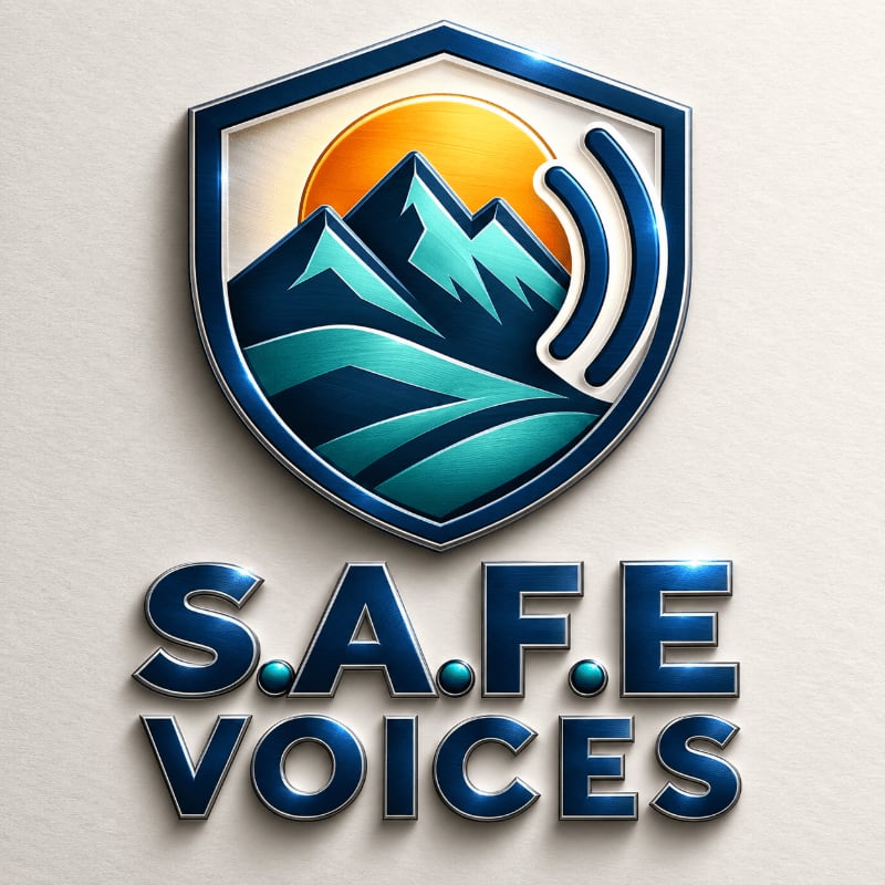 A shield logo with mountains and a sun in the background sits above the text "S.A.F.E VOICES" in the foreground.