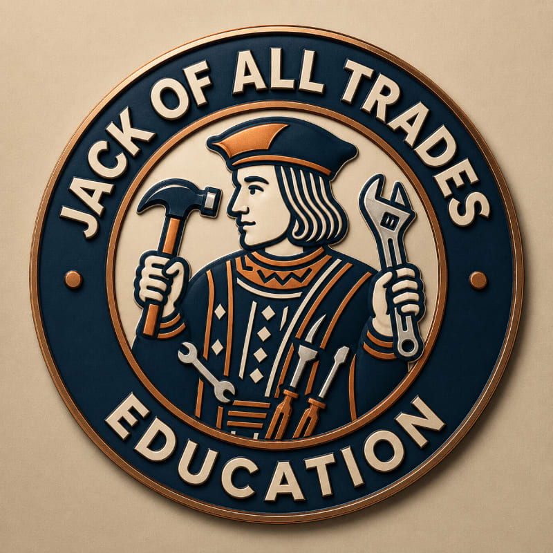 A stylized illustration of a man in a jester's hat holding a hammer and wrench, surrounded by tools, is set within a circular emblem that reads "JACK OF ALL TRADES SCHOOL" against a plain background.