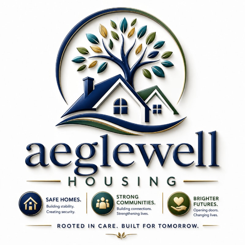 Two stylized houses with a tree growing above them are featured in the foreground, with the text "aeglewell HOUSING" and slogans below them in the background.