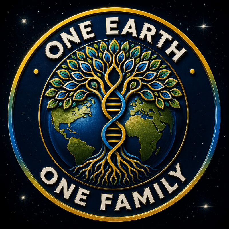 A stylized tree of life with a DNA helix at its core grows from a globe against a dark, starry background, encircled by the words "ONE EARTH ONE FAMILY."