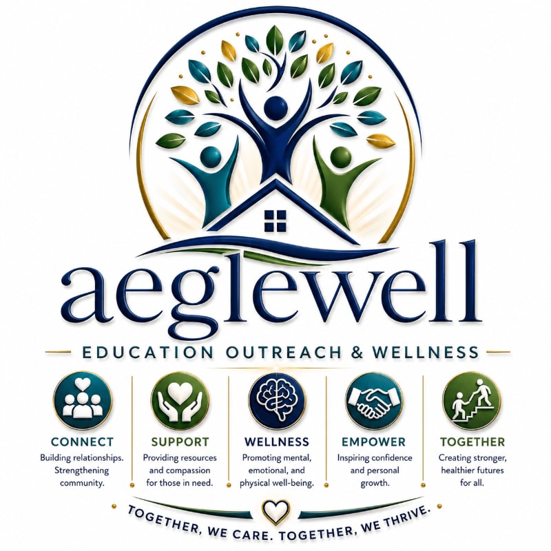 A stylized tree with two figures reaching upwards from open books forms the foreground, set against a white background with the text "aeglewell EDUCATIONAL OUTREACH" and a tagline below.
