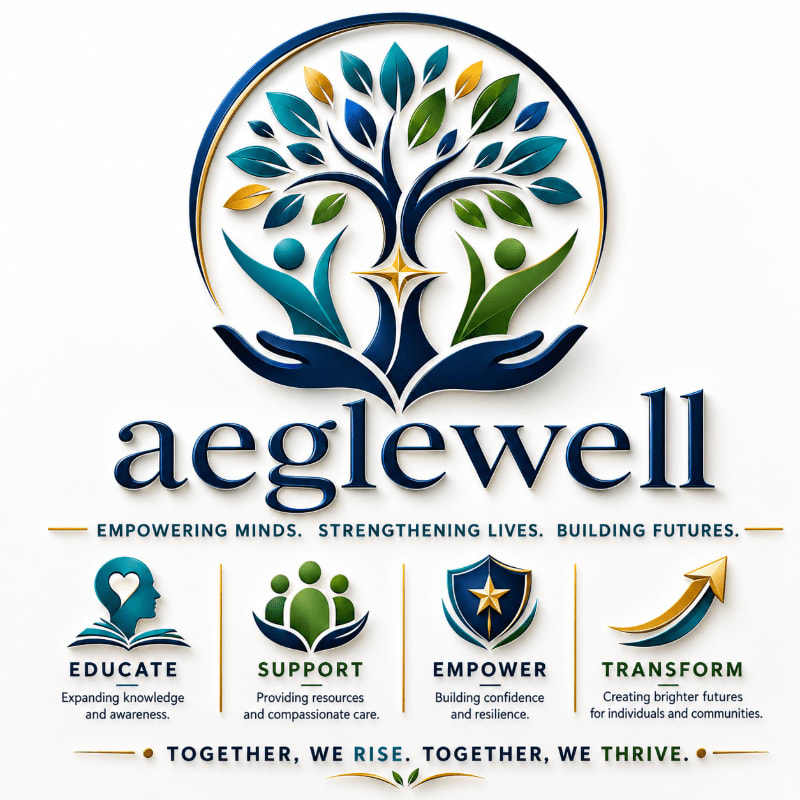 A logo for "aeglewell COMMUNITY OUTREACH & WELLNESS" features a stylized tree with people reaching up in the background, and five icons representing connection, support, wellness, empowerment, and togetherness in the foreground.