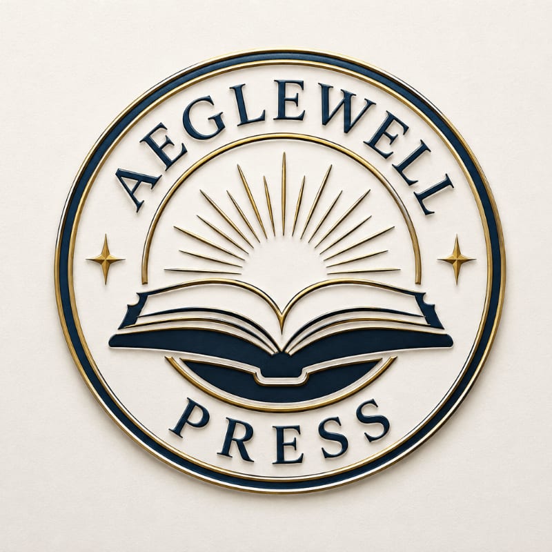 An open book with radiating lines above it is centered within a circular emblem that reads "AEGLEWELL PRESS" in the foreground, set against a plain white background.